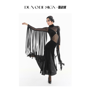 DUYQ《夜阑星摩登》017丝绒拼接网纱连体上衣国标摩登专业练习服