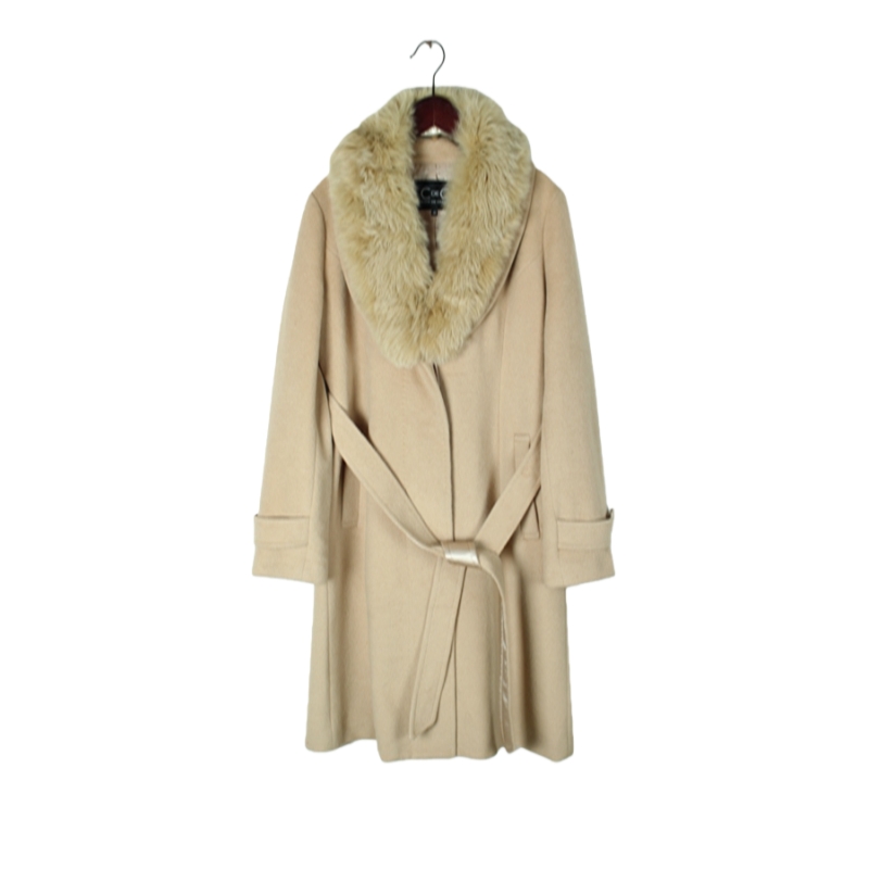 vintage日本制 高端中古复古毛领毛呢中长款混羊绒羊毛大衣外套 E