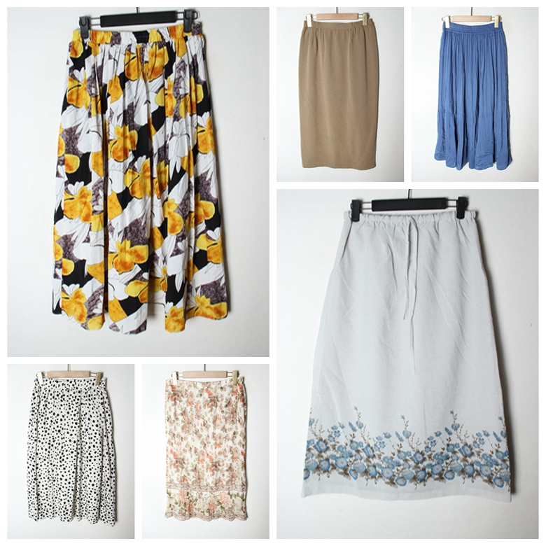 古着Vintage日制春夏季女纯色碎花中长款大花半身裙（松紧腰）156