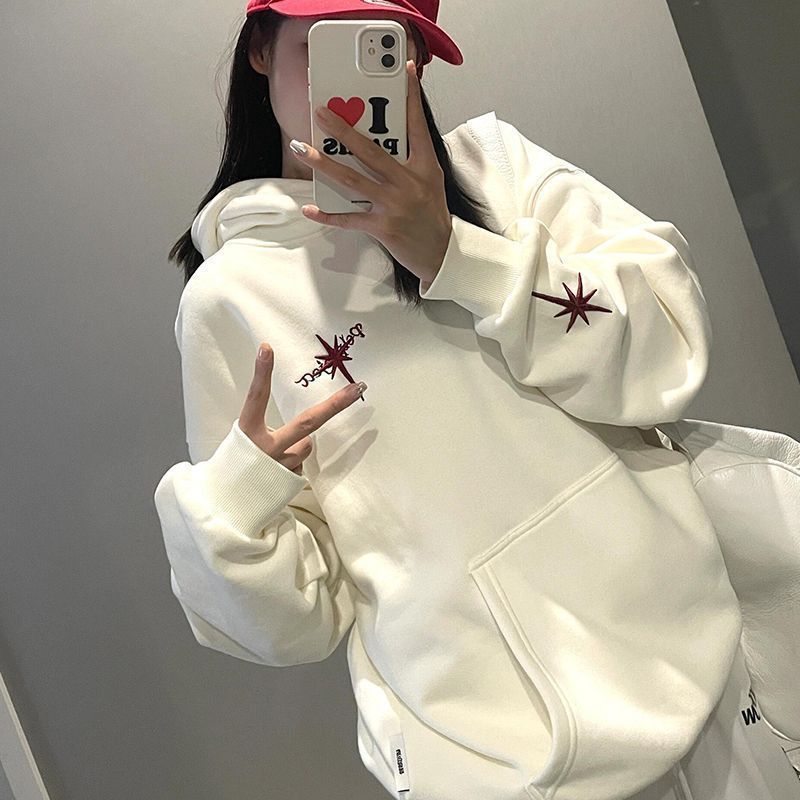 高级感潮牌刺绣连帽卫衣女2025秋冬新款加绒加厚小众情侣宽松外套
