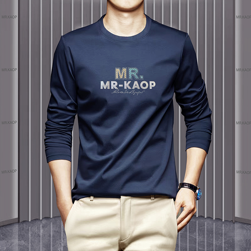 早秋液氨双面丝光棉男士长袖圆领T恤合身型男装上衣抗静电欧潮