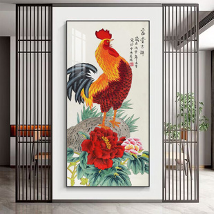 中式公鸡玄关走廊过道入户挂画书房背景墙雄鸡金鸡报晓装饰画水墨