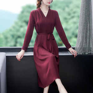 RM20823#气质真丝缎面连衣裙女长袖2023新款季中长款重磅绣花桑蚕丝中长裙