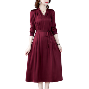 RM20823#气质真丝缎面连衣裙女长袖2023新款季中长款重磅绣花桑蚕丝中长裙