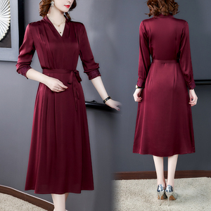 RM20823#气质真丝缎面连衣裙女长袖2023新款季中长款重磅绣花桑蚕丝中长裙