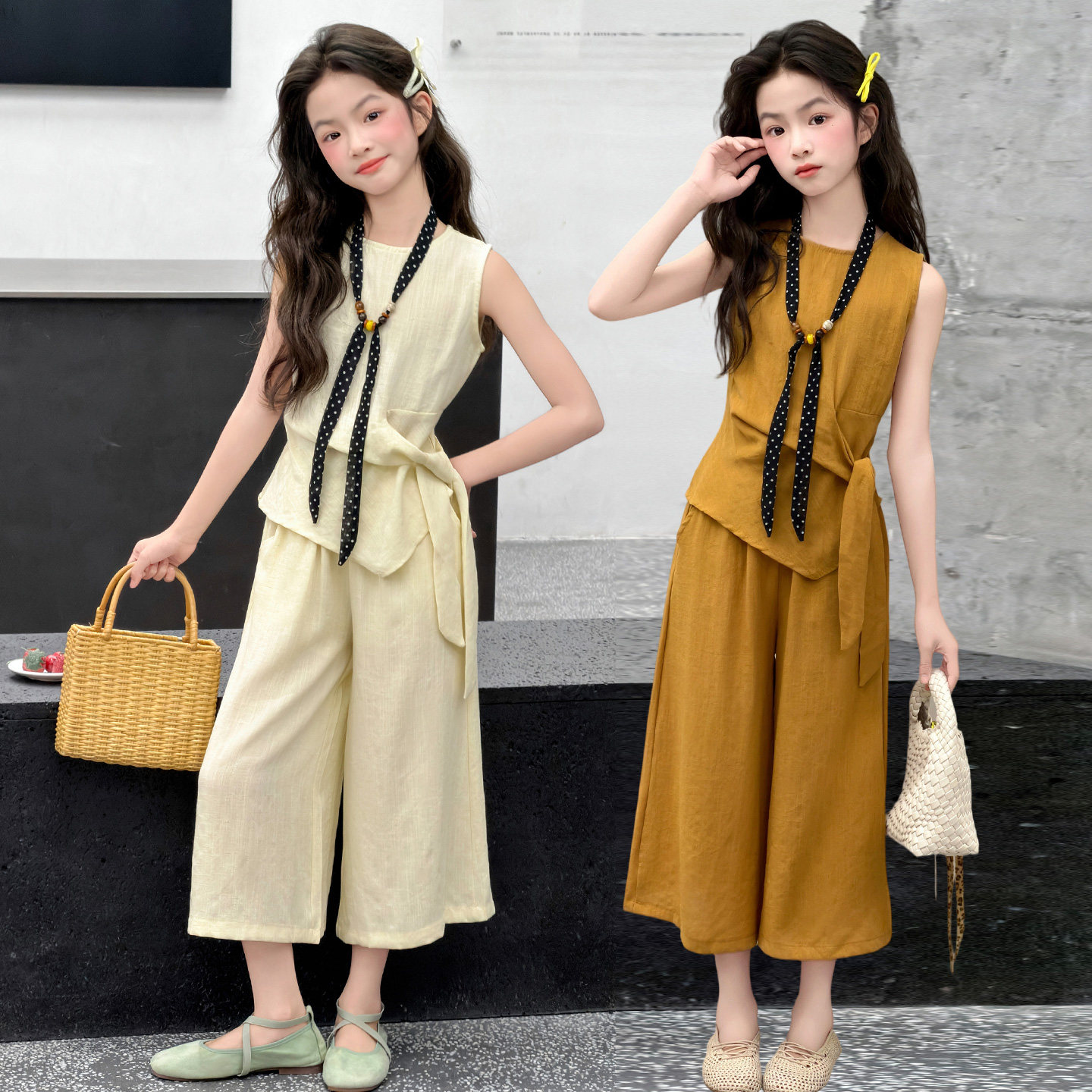 女童夏季亚麻无袖阔腿裤两件套