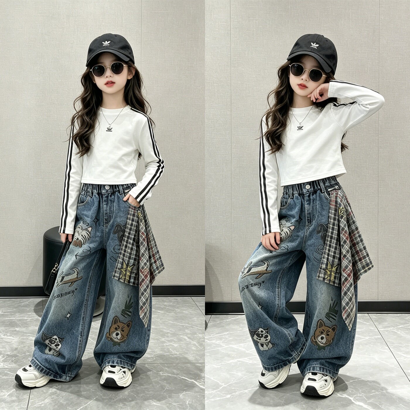 女童秋季潮酷修身长袖牛仔两件套