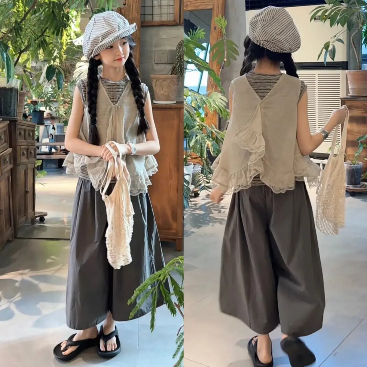 女童夏季新款洋气慵懒风背心马甲阔腿裤套装中大童森系穿搭时尚套