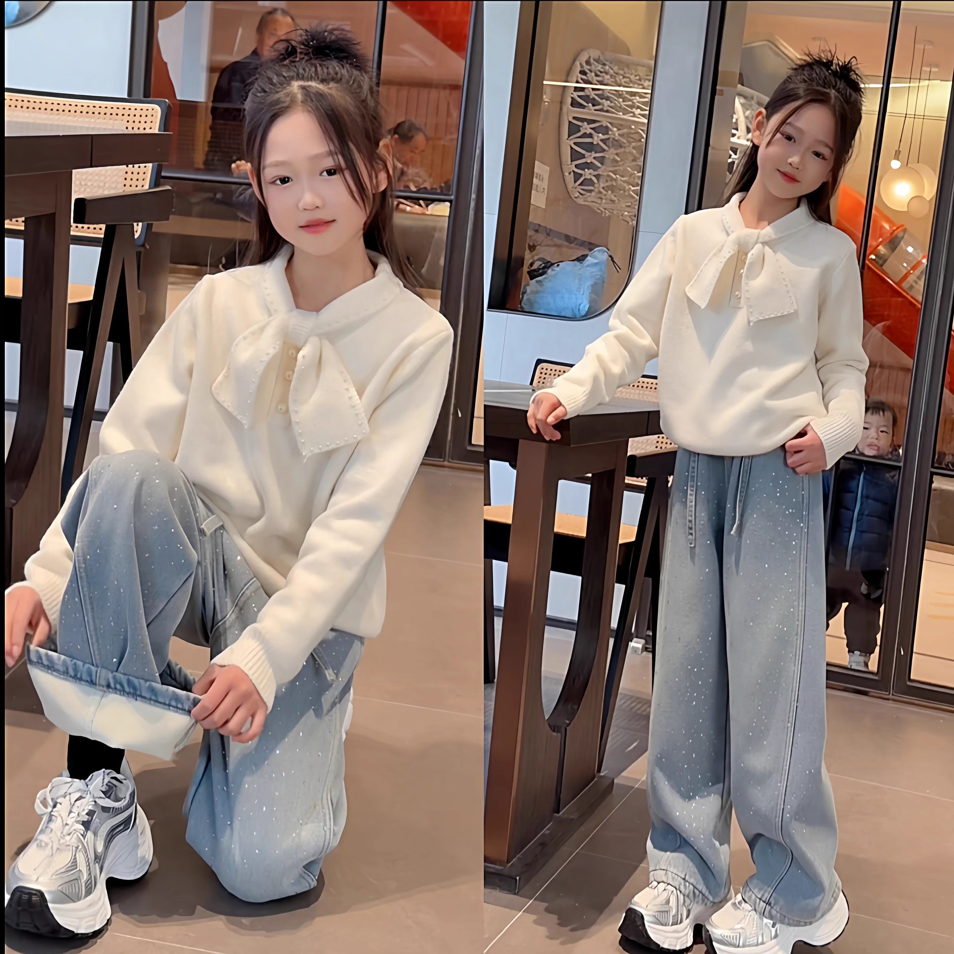 女童小香风蝴蝶结闪钻牛仔裤套装