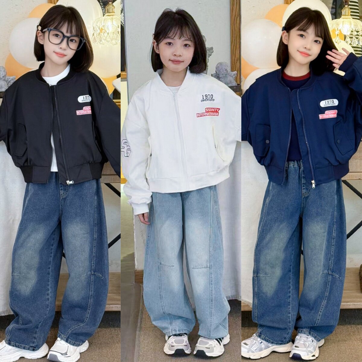 棒球服外套+弯刀牛仔裤+军刀裤