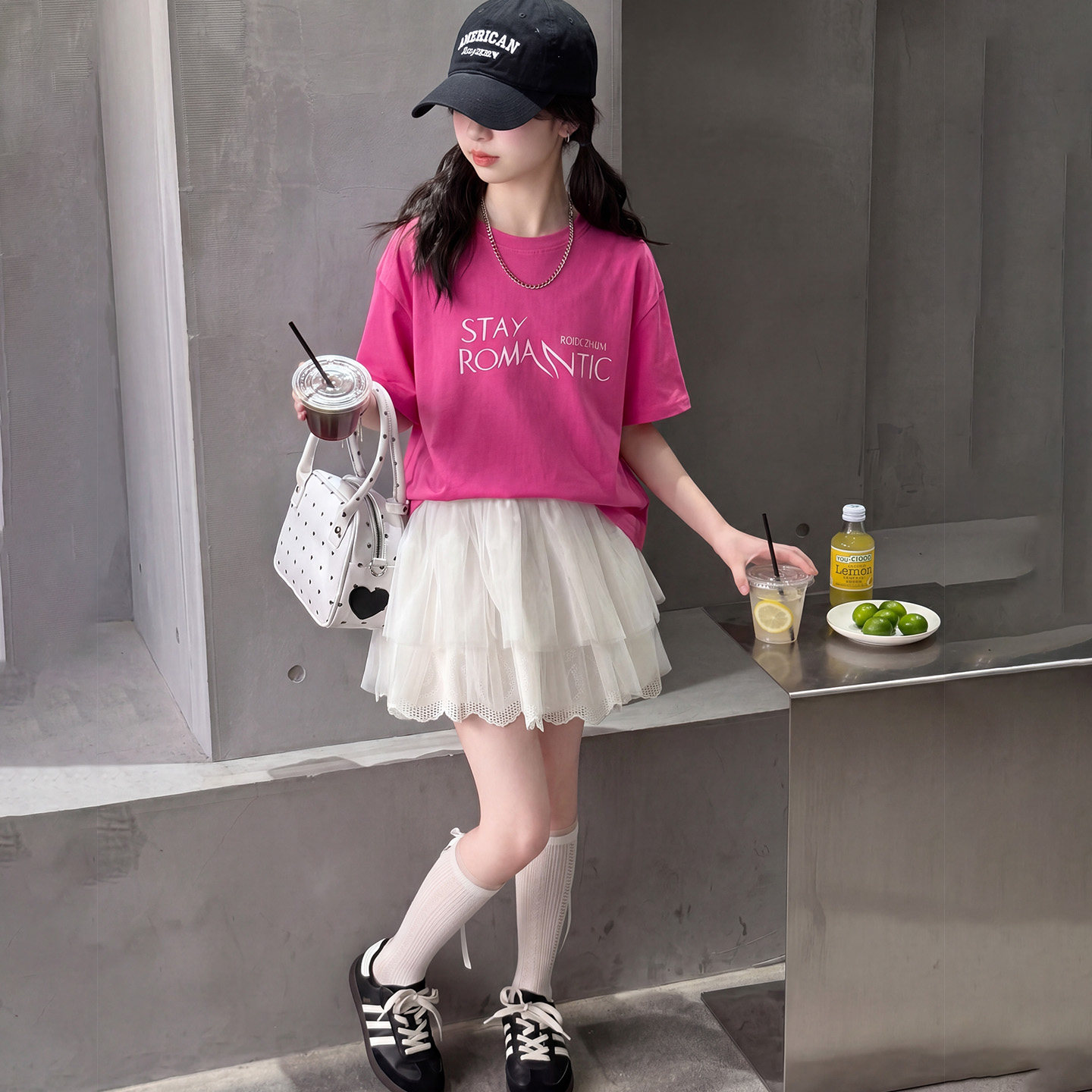 夏季女童甜酷玫红T恤短裙套装
