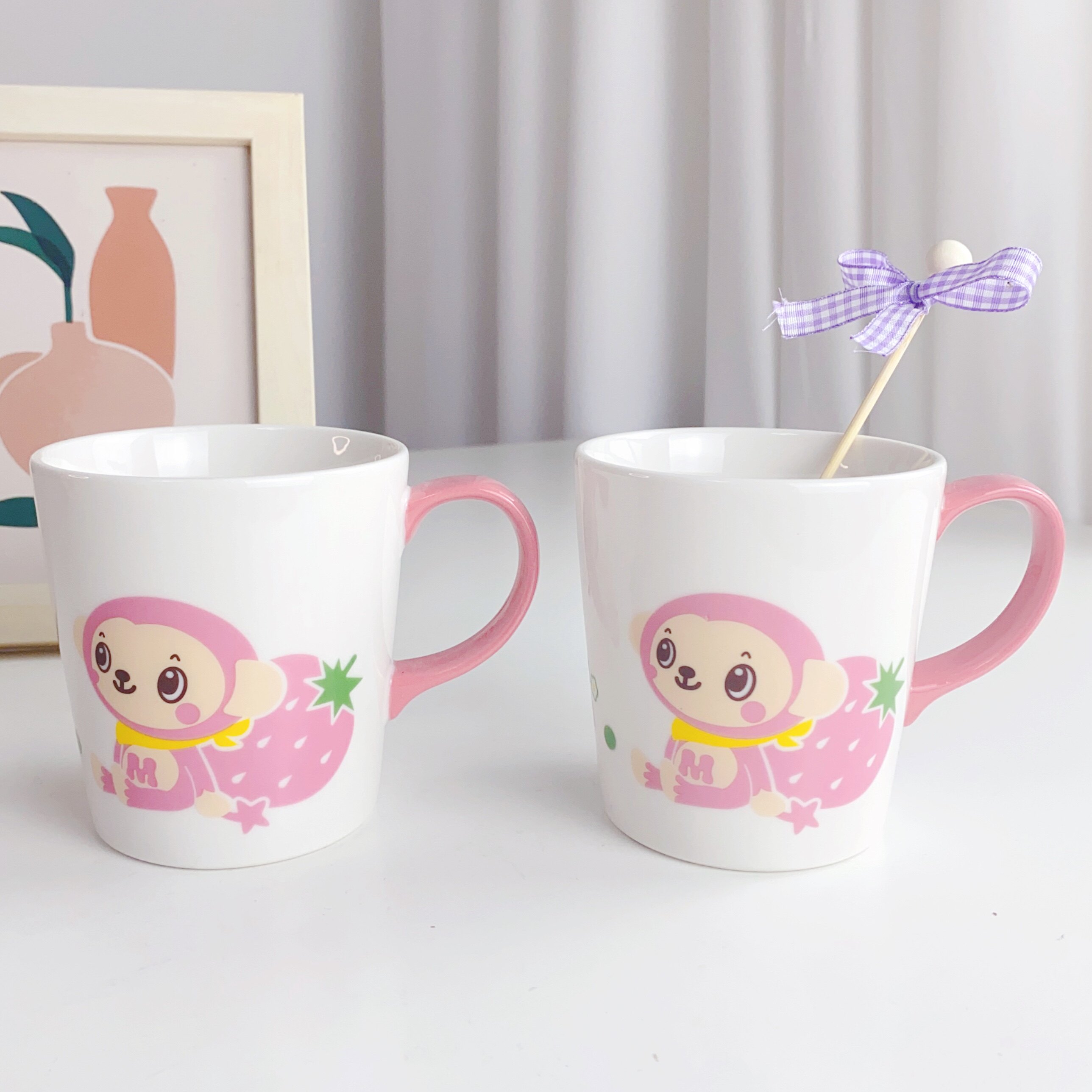 少女粉大耳猴陶瓷马克杯水杯早餐酸奶杯子少女心可爱卡通杯咖啡杯