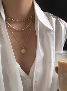 珍珠叠戴项链女轻奢小众设计感锁骨链冷淡风颈链配饰2025年新款