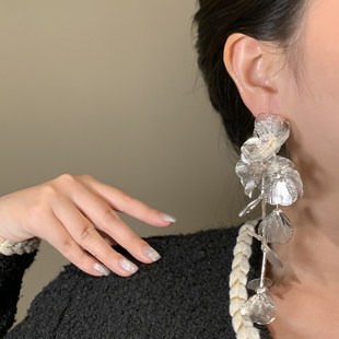 瀑布鱼尾纹流苏耳饰女S925银针时尚 镶钻花朵耳环夸张设计耳坠