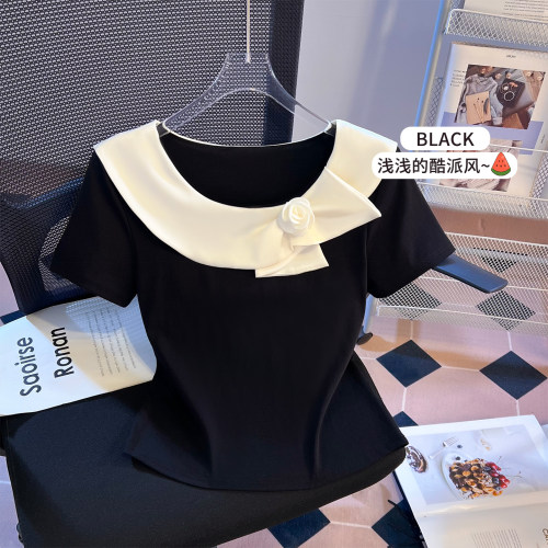 实拍黑色法式气质短袖T恤女2026新款独特设计感拼接立体花朵上衣