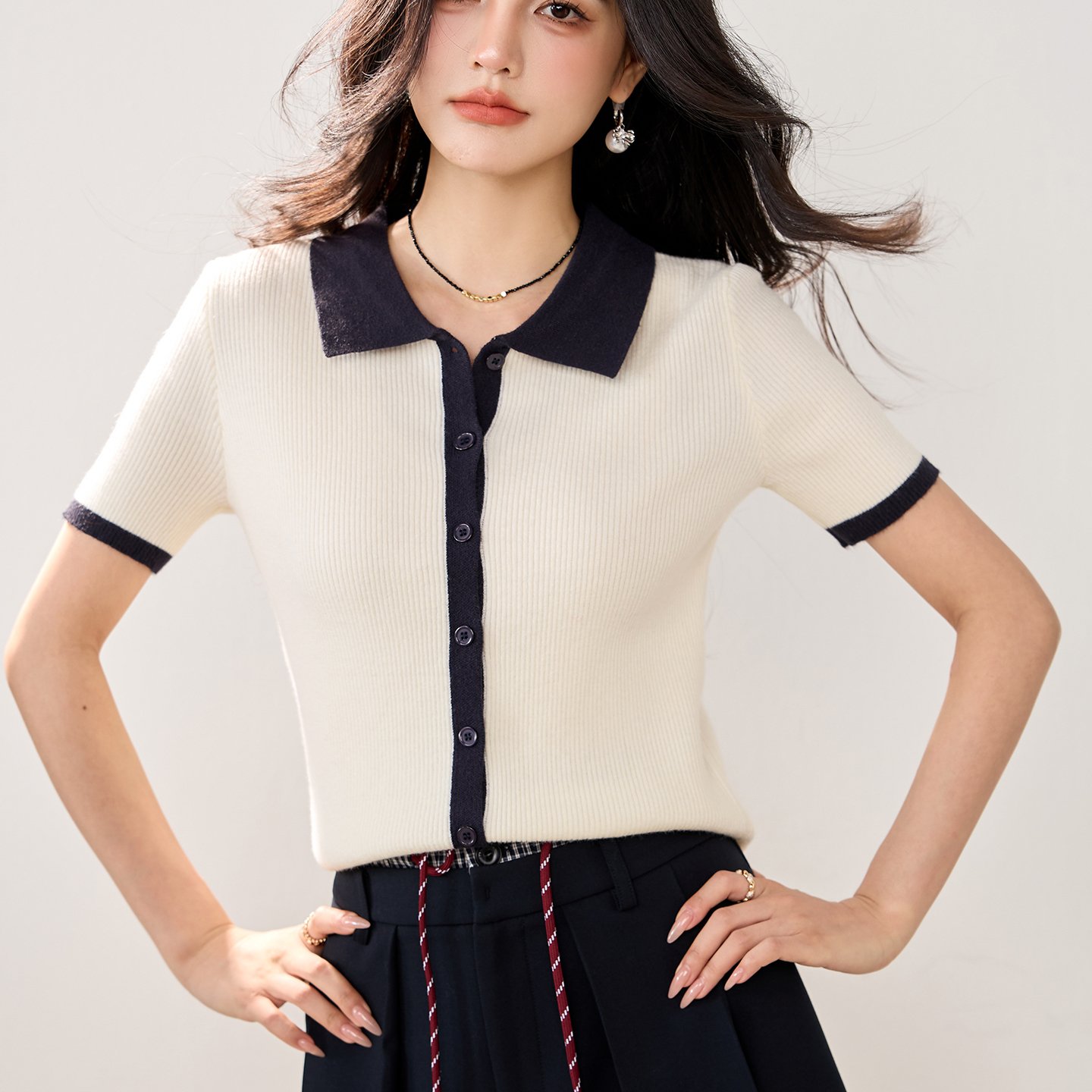 实拍新款春夏针织衫女小香风开衫短袖Polo领撞色短款小款小外套女
