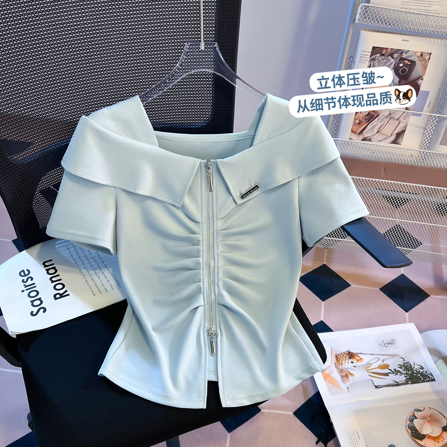 实拍白色短袖T恤女夏季2026新款独特漂亮皱褶掐腰显瘦一字肩上衣