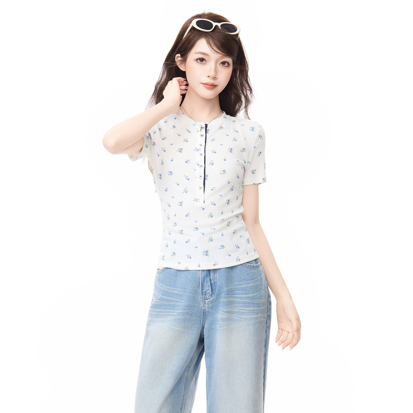 实拍实价韩版亨利衫领碎花短袖T恤女2026夏季修身显瘦高级感上衣