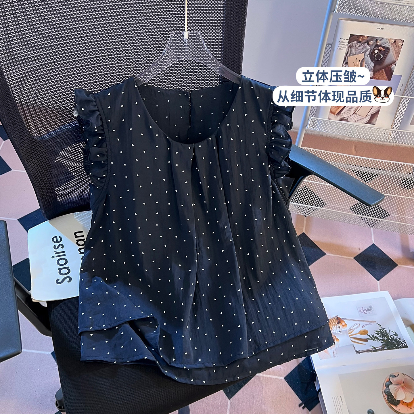 实拍法式荷叶边小飞袖白色波点短袖衬衫女夏2026新款遮肚小衫上衣