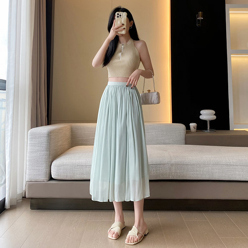 实拍高级感流光纱裙女2026春夏珠光裙子气质杨柳皱夏网纱半身裙子