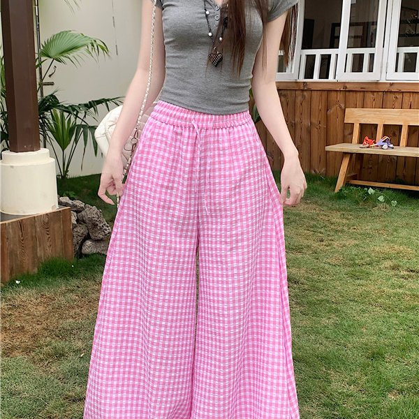 实拍格子花苞裙裤女夏季新款高腰宽松显瘦垂感灯笼裤休闲阔腿裤