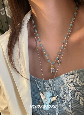 蓝串珠天使小熊甜酷风女项链海边度假风小众感男锁骨链毛衣链新款