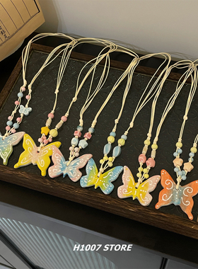 新款陶瓷手作蝴蝶串珠男项链女小众设计高级锁骨链百搭毛衣链配饰