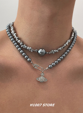 新款土星珍珠项链女小众设计高级感颈链男款嘻哈风轻奢锁骨链配饰