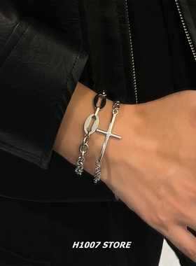 新款大十字钛钢手链男款小众设计高级感手串女嘻哈风个性百搭手饰