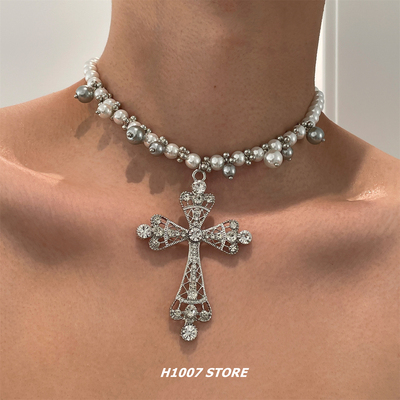 重工珍珠大十字男项链女小众设计高级感锁骨链y2k嘻哈风颈链新款
