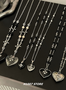 复古做旧爱心十字花长款项链女小众设计高级感锁骨链男毛衣链新款