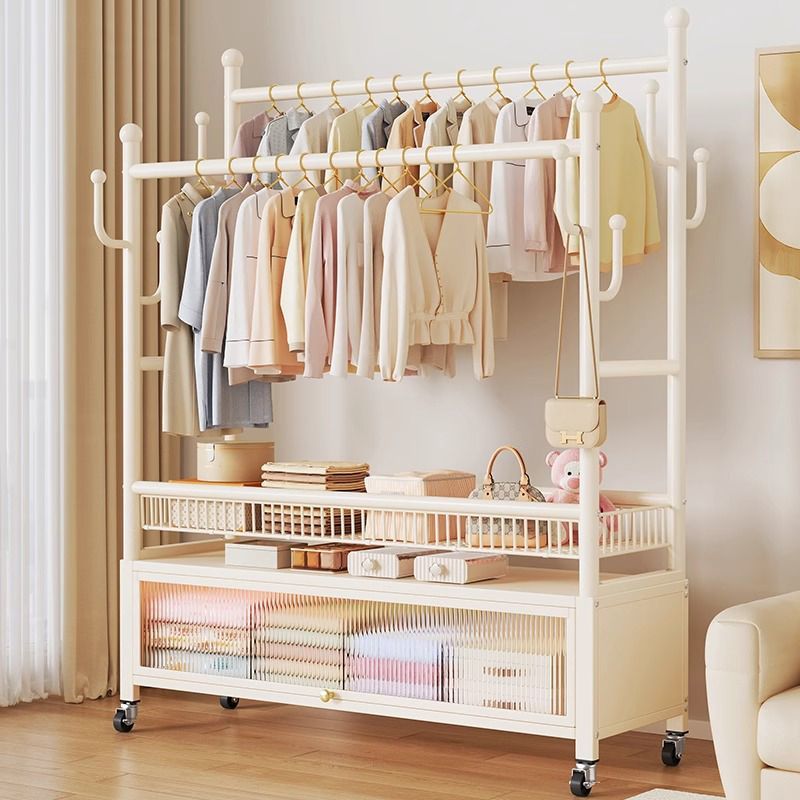 家用移动衣帽架落地卧室内阳台晾衣架简易衣服收纳置物架双杆挂衣