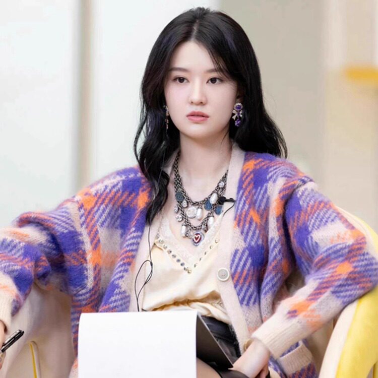 星芭莎 乔欣明星同款 撞色格纹针织开衫宽松软糯洋气慵懒毛衣外套