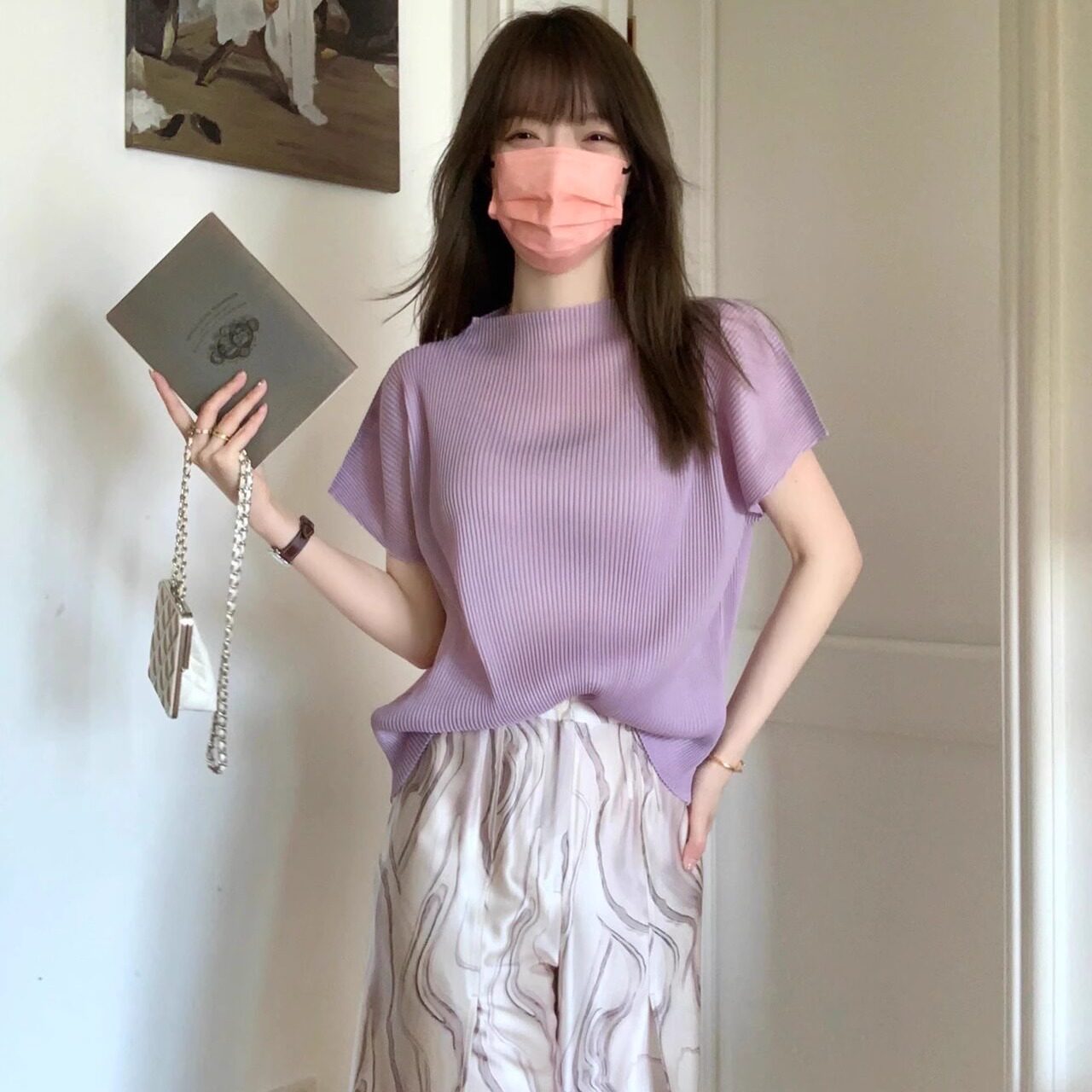 三宅褶皱短袖褶皱上衣女