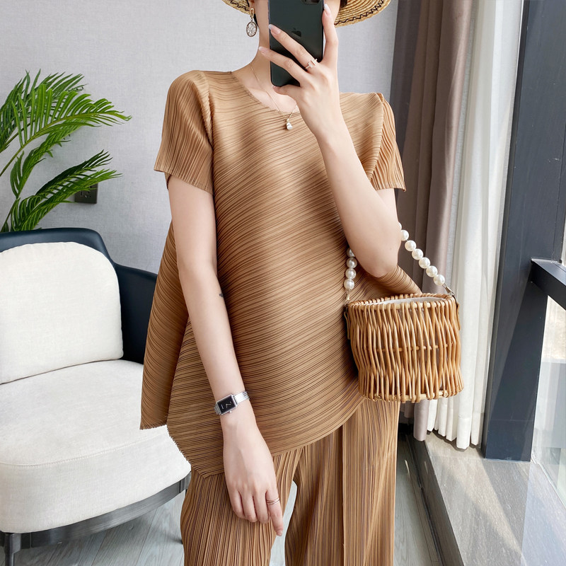 三宅风褶皱 看看のPLEATS 夏季圆领不规则T恤气质套装短袖上衣女