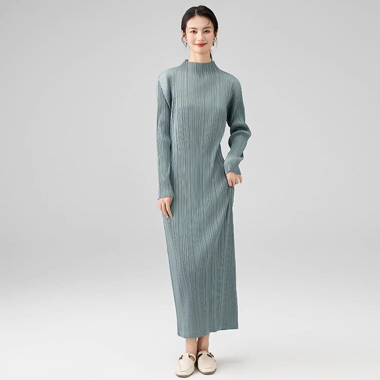 三宅风褶皱 看看のPLEATS 高级感半高领长袖连衣裙优雅气质长裙女