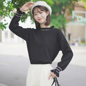 大码别致木耳边打底毛衣女春秋半高领内搭辣妹针织衫上衣微胖遮肉