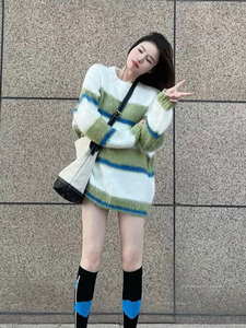 秋冬季2023新款慵懒风软糯条纹宽松毛衣女外穿针织衫上衣长袖外套