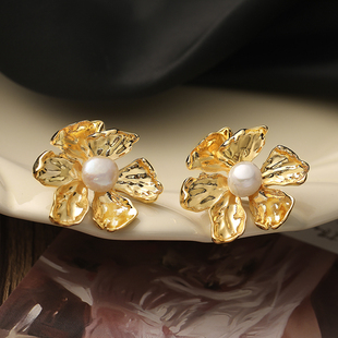 高级感度假风 爆款 FRENCH耳环珍珠金色花朵耳饰女法式 轻奢2025新款