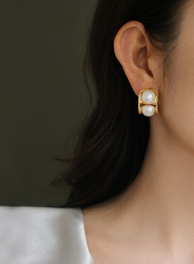 FRENCH耳环珍珠耳饰女耳圈2025新款高级感圈圈法式爆款方圆脸小众