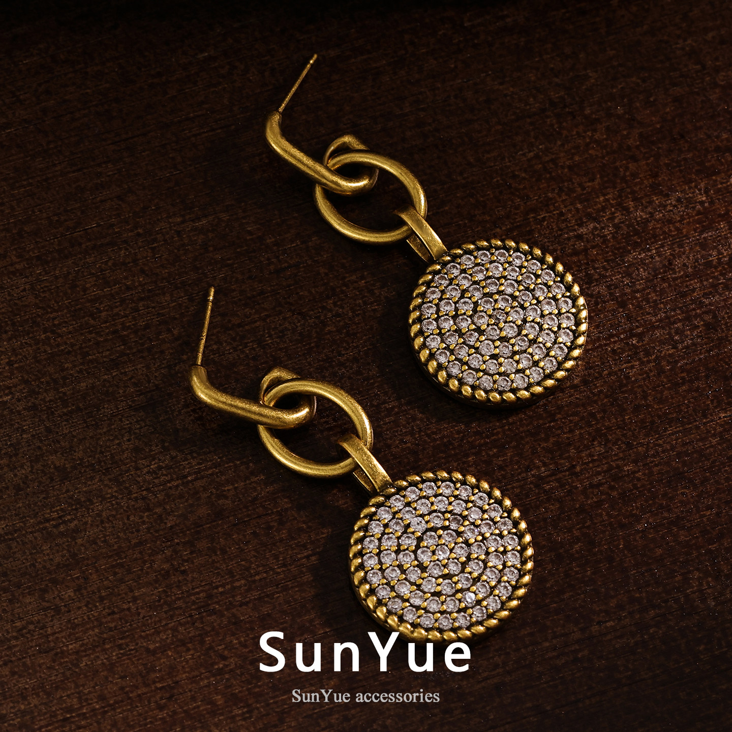 SUNYUE【叁玥】复古高级欧美法式满天星金色气质几何银针耳环女