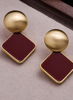 FRENCH【轻度定制】几何造型时尚拉丝金属设计感金色高端红色耳环