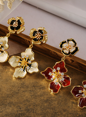 FRENCH【轻度定制】  法式高级感花朵珐琅锆石长款气质银针耳环女