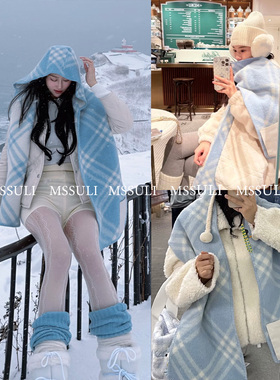 顶配版！25骑士布标格子羊绒双面围巾披肩围脖带帽款 男女可戴