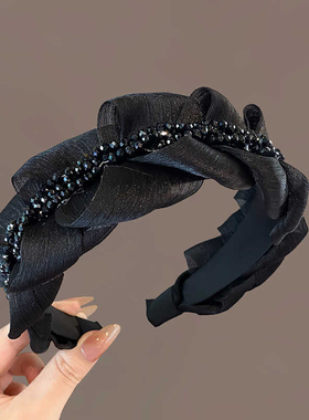 高颅顶镶钻褶皱发箍女气质高级感水晶宽边显脸小压发头箍时尚头饰