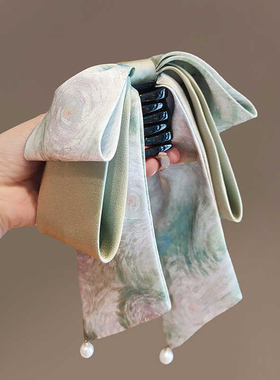 水墨印染飘带蝴蝶结抓夹中号发夹国风气质油画风高马尾发抓鲨鱼夹