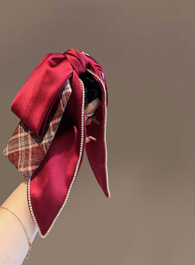 卡雪法式复古红色蝴蝶结发夹女后脑勺盘发抓夹高级感鲨鱼夹子头饰