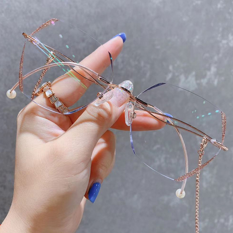 无框近视眼镜女钻石切边大脸可配度数防蓝光平光素颜镜韩版潮变色