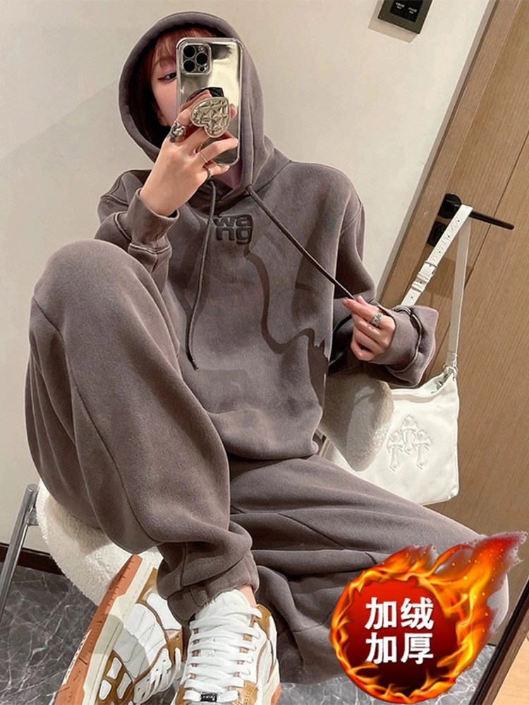 여성 가을 겨울 2023 새로운 세련된 투피스 세트를위한 하이 엔드 벨벳 후드 티셔츠 캐주얼 운동복 정장