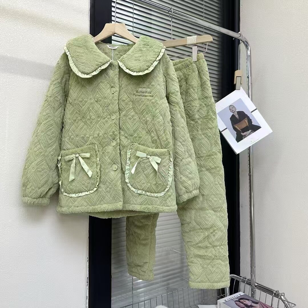 佰伦世家冬季睡衣女新品加厚加绒三层保暖牛奶绒夹棉袄家居服时尚